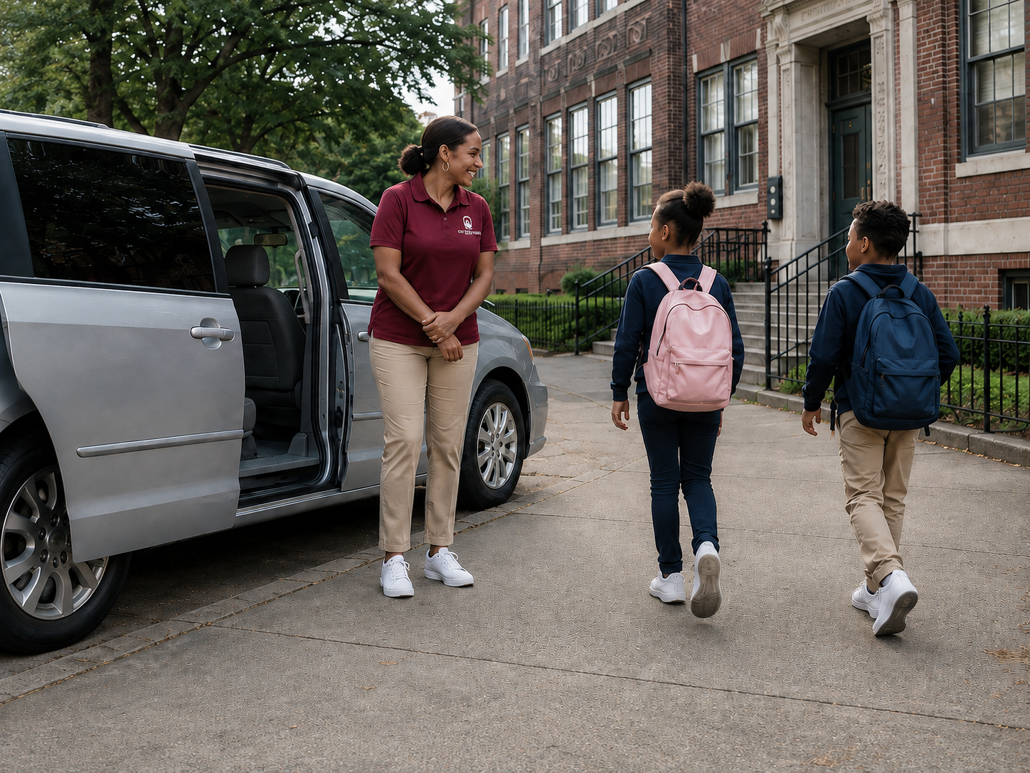Illustrative scene of a driver in a burgundy uniform welcoming students beside a minivan.